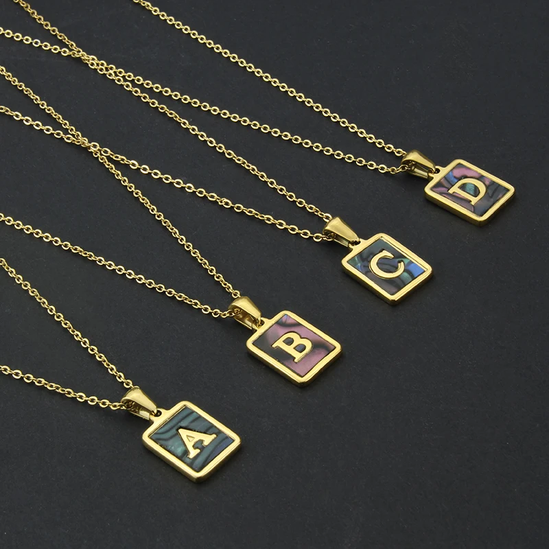 MHS.SUN Stainless Steel Square Abalone Shell Letter Pendant Necklace Inital Alphabet A-Z Choker Gold Plated Jewelry