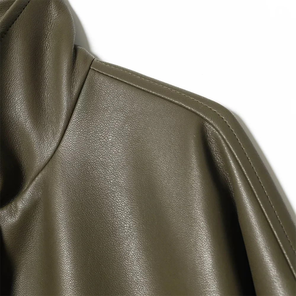 2025 Winter New Women's Simple Casual Long Sleeve Stand up Collar Imitation Leather Pilot Zipper Jacket Coat