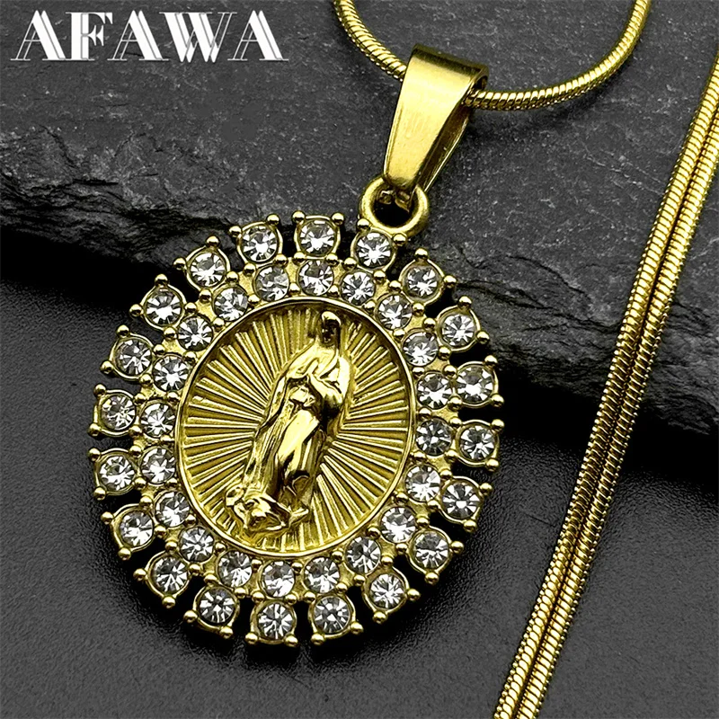 Collar de Lujo con Pedrería de la Virgen María para Mujer y Hombre, Acero Inoxidable, Color Dorado, Cadena Católica de Guadalupe, Joyería, Regalo