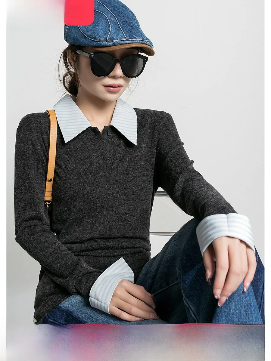 

Модный вязаный топ с длинными рукавами в стиле пэчворк для женщин, облегающий, весенне-осенний, уличный стиль, модный, из смесового полиэстера