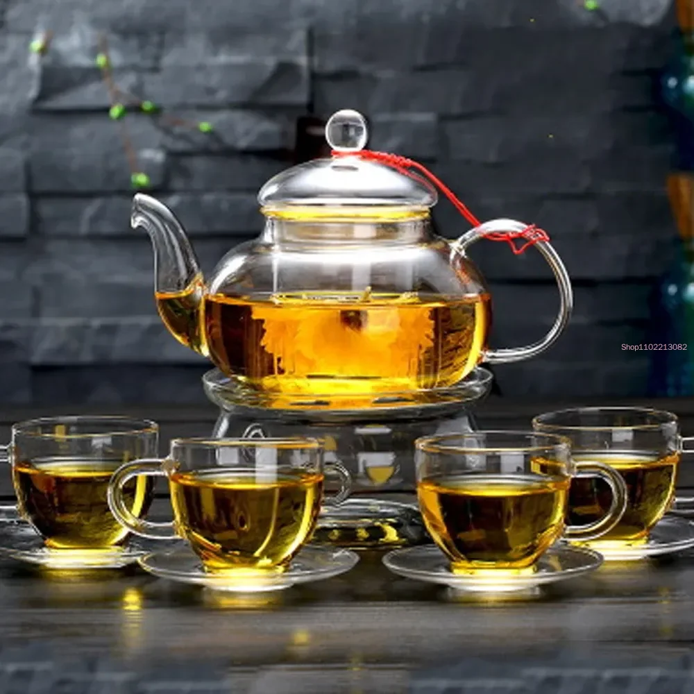 Elegant Glass Tea Set Borosilicate Teapot With Cups Bamboo Tray SetKettle Warmer Giftset