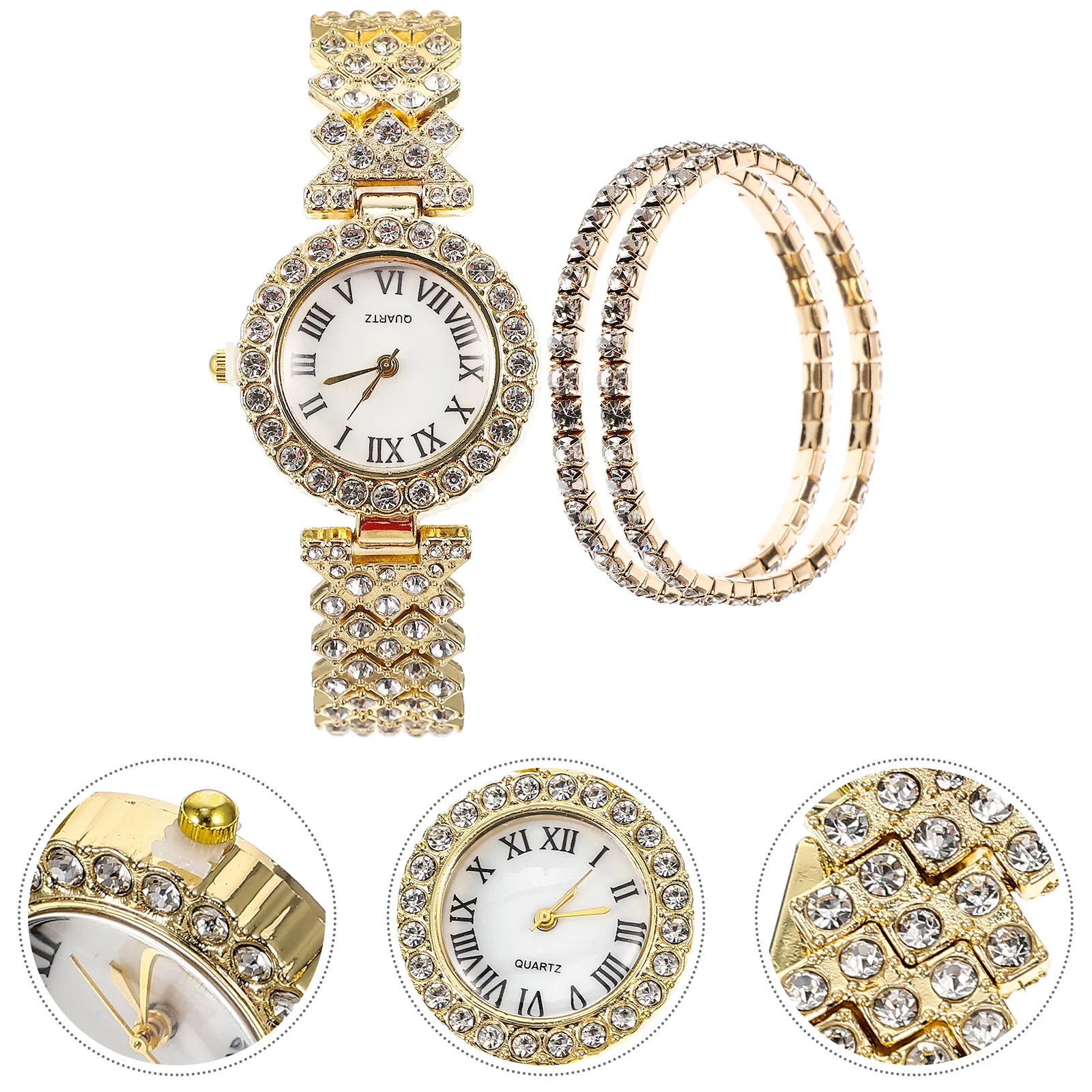 

2 Pcs Quartz Watch Bracelet Womans White Girls Watches Wrist Waches Ladies Rhinestone for Shiny