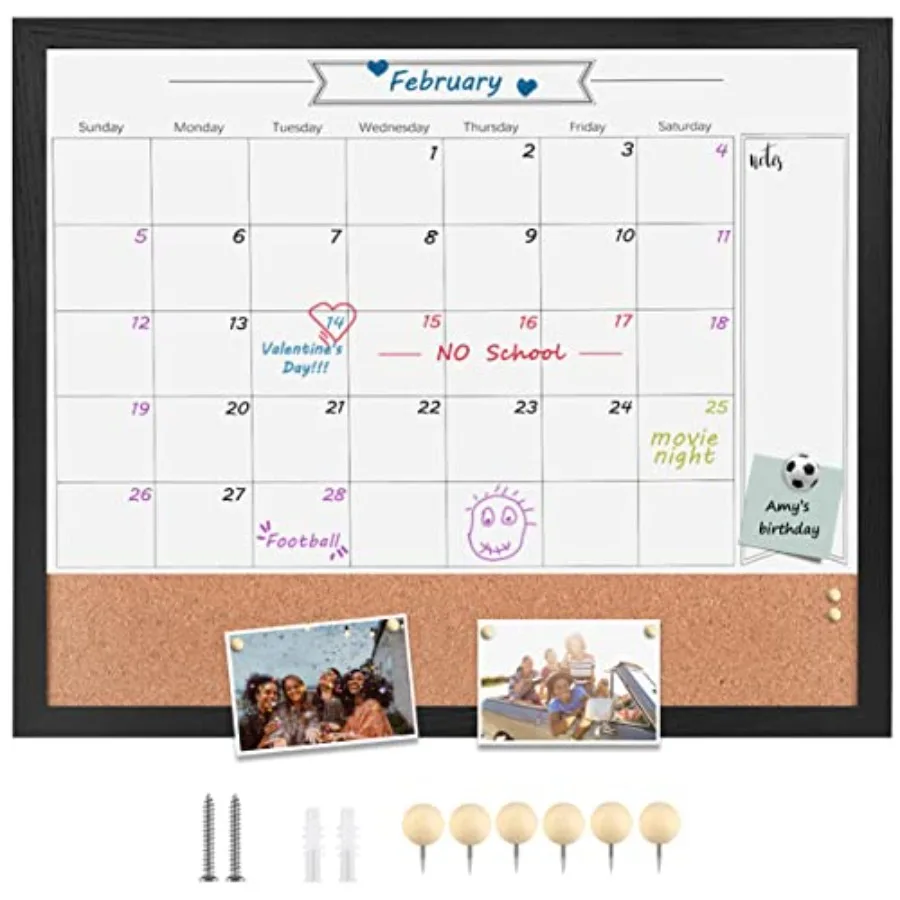 

Dry Erase Calendar board for Wall, Combination Magnetic Dry Erase Board and Bulletin Board, 23.6" x 31.5" Wood Framed Calendar/