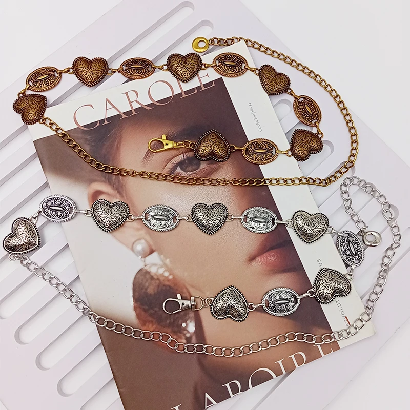 خمر الذهب الإناث الخصر حزام على شكل سلسلة راعية البقر الغربية نحت بيضاوي الشكل القلب أحزمة معدنية للنساء الفاخرة الفضة فاسق زنار #5