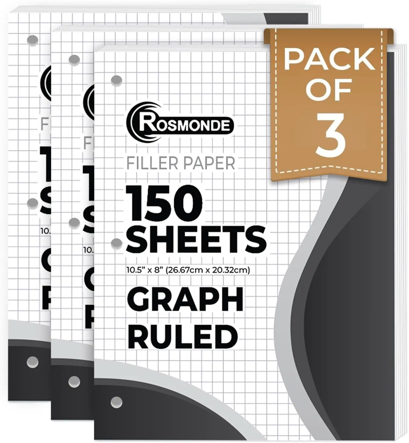 

Graph Paper 3 Pack 450 Sheets 4x4 Grid 8x10.5 3 Hole Punched Loose Leaf for Math Science Engineering