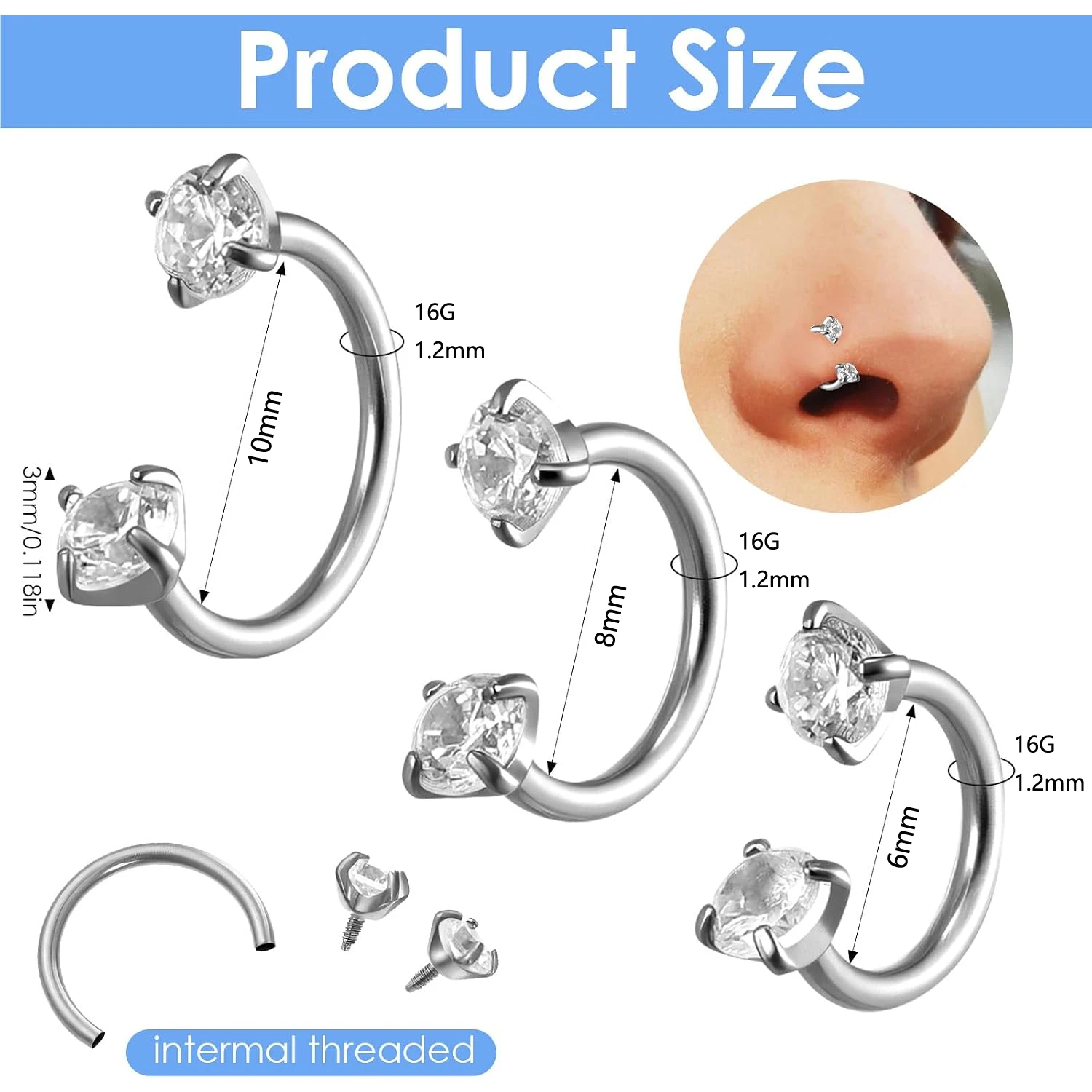 5pcs Set 16G Horseshoe Nose Ring 6mm 8mm 10mm Double Gem Nose Studs Hoop Helix Cartilage Lip Piercing Jewelry Internal Threaded