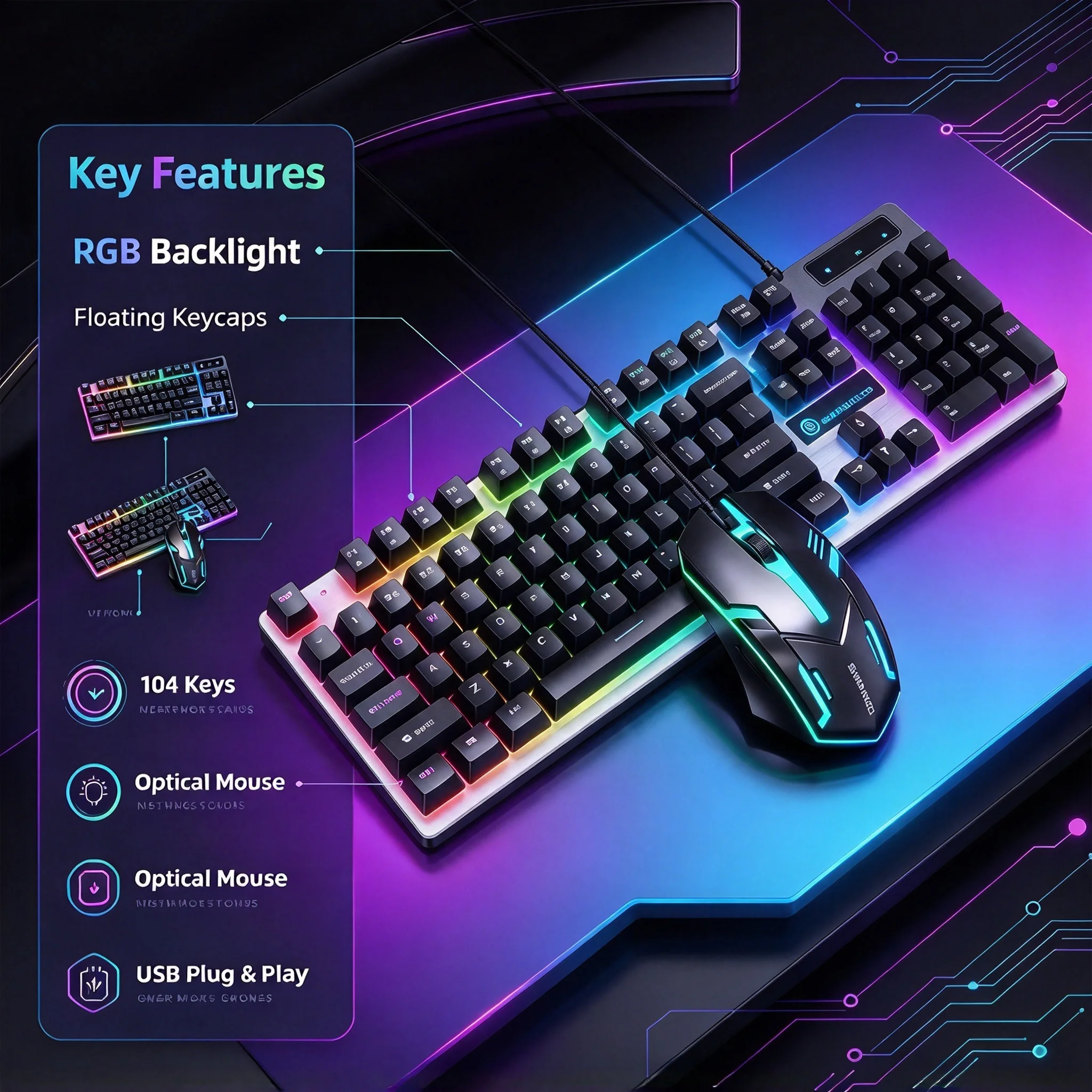 Rainbow RGB Backlit Gamer Keyboard And Mouse Combo 104-Keys Ergonomic Design Gaming Keyboard Set For PC Computer Laptop Tablet
