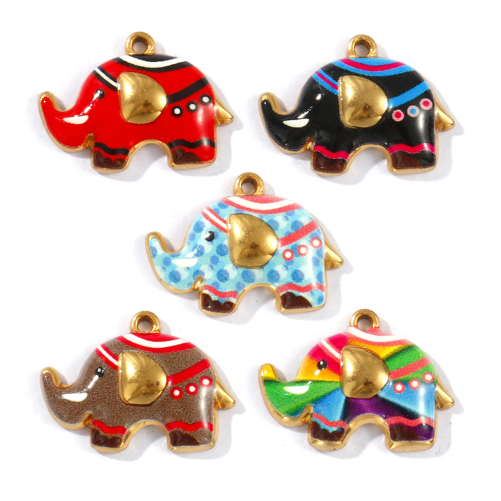 2pcs Vintage Stainless Steel Charms Elephant Animal Gold Color Heart Multicolor Print Enamel Pendants DIY Necklace Jewelry Gifts