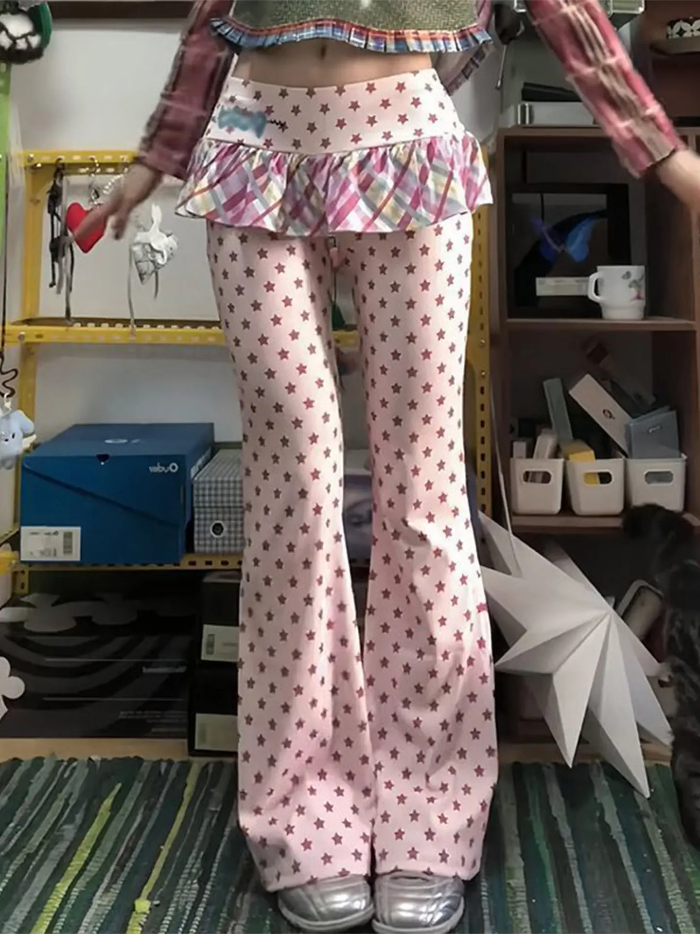 Autumn Winter Women Y2k Long Trousers Fake Two Pieces 2000s Kpop Fashion Gyaru Low Rise Flared Pants Skinny Sweet Harajuku