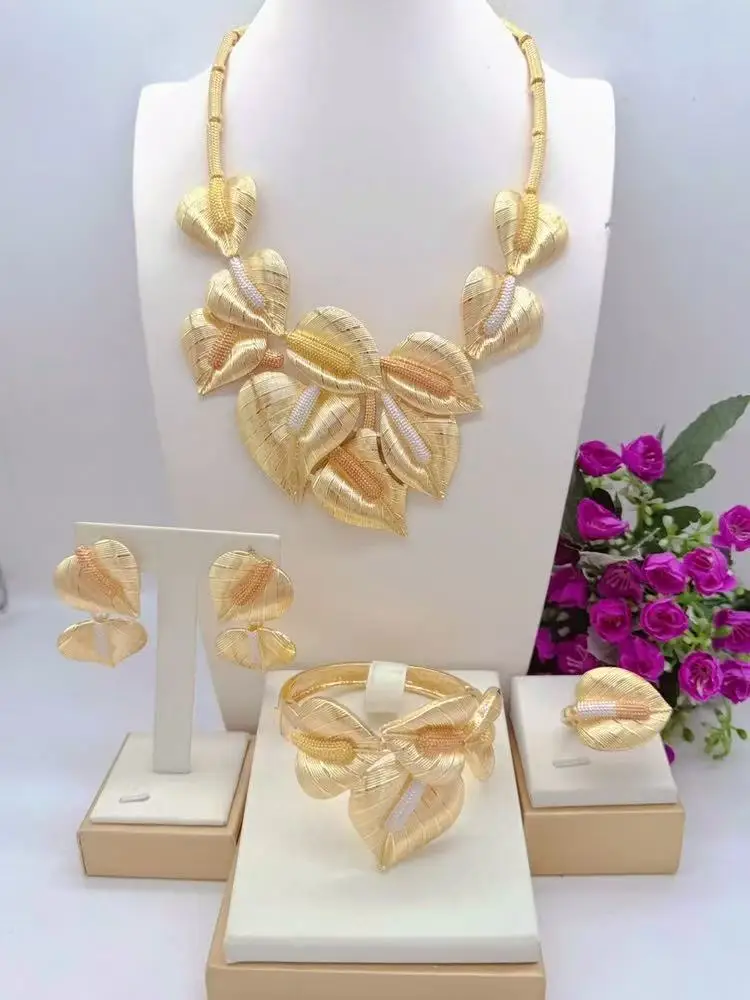 Luxury Leaf Design Jewelry Set for Women 4PCS Statement Necklace Earrings Bracelet Ring, Perfect for Wedding & Party