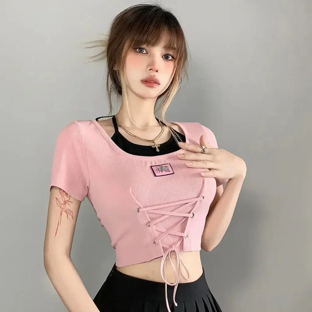 

Women's Summer Sweetheart T-shirt Short-Sleeved Lace-Up Slim Fit Top Waist Design New Fashion for Girls