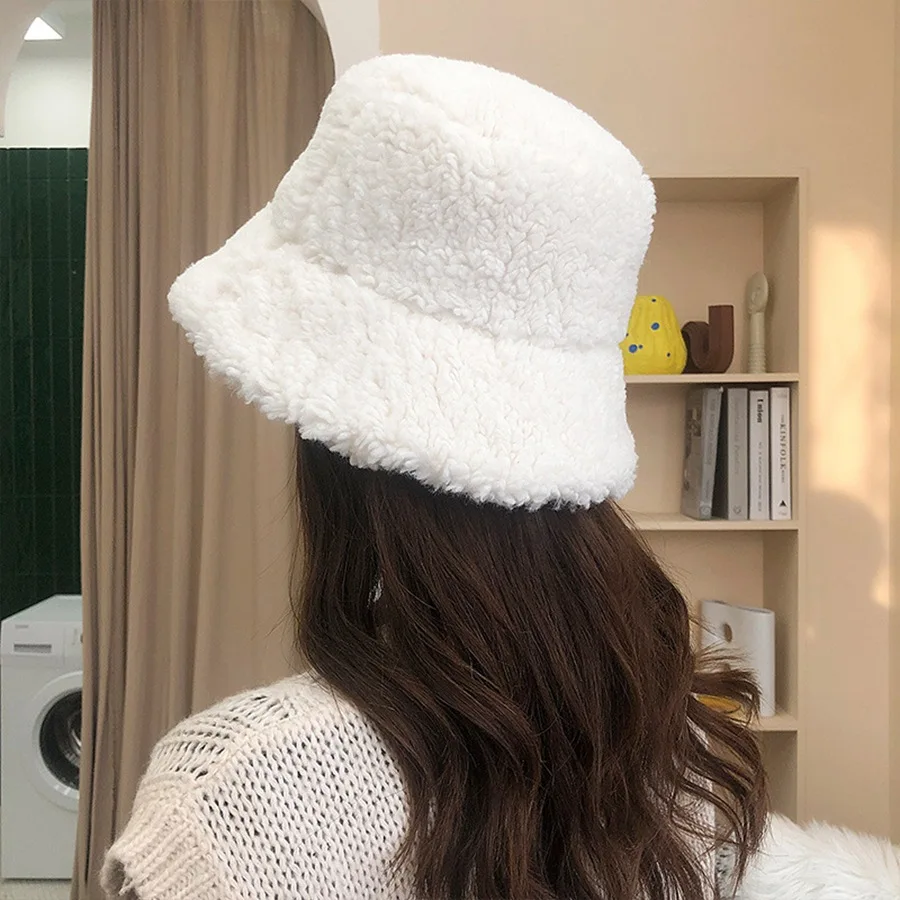 Women Bucket Hats Solid Color Autumn Winter Lamb Wool Outdoor Warm Panama Caps Harajuku Style Unisex Fishing Fisherman Hats