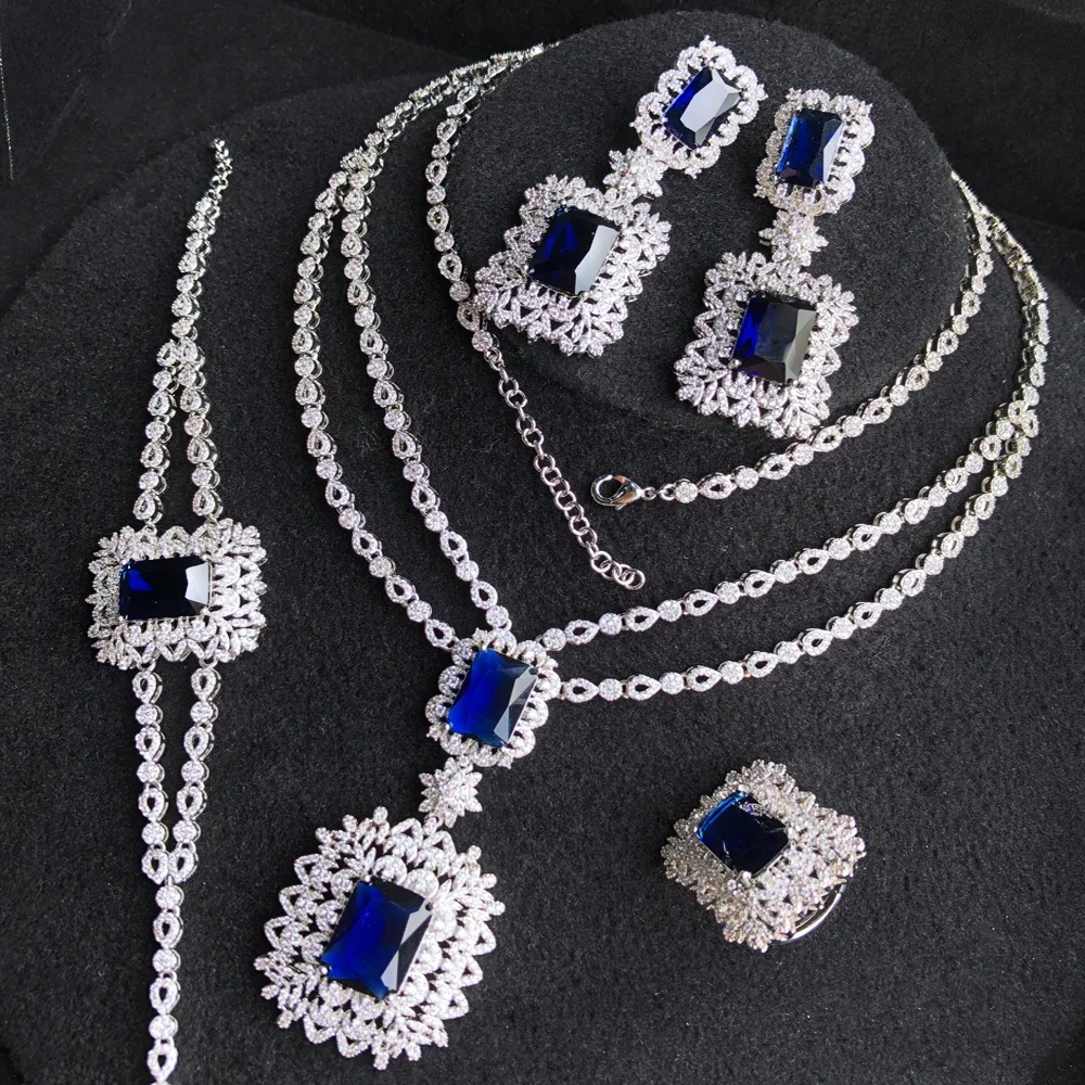 

Soramoore New 4pcs Long Chains Necklace Earrings Bracelet Ring 5A Zircon Dubai Bridal Jewelry Set For Women Wedding Party