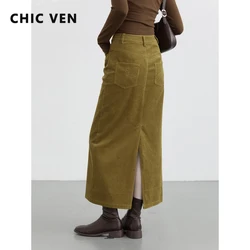 CHIC VEN Women Skirts New Vintage High Waist Corduroy Woman Halfskirt Mid length Wrapped Hip Skirt Autumn Spring 2023