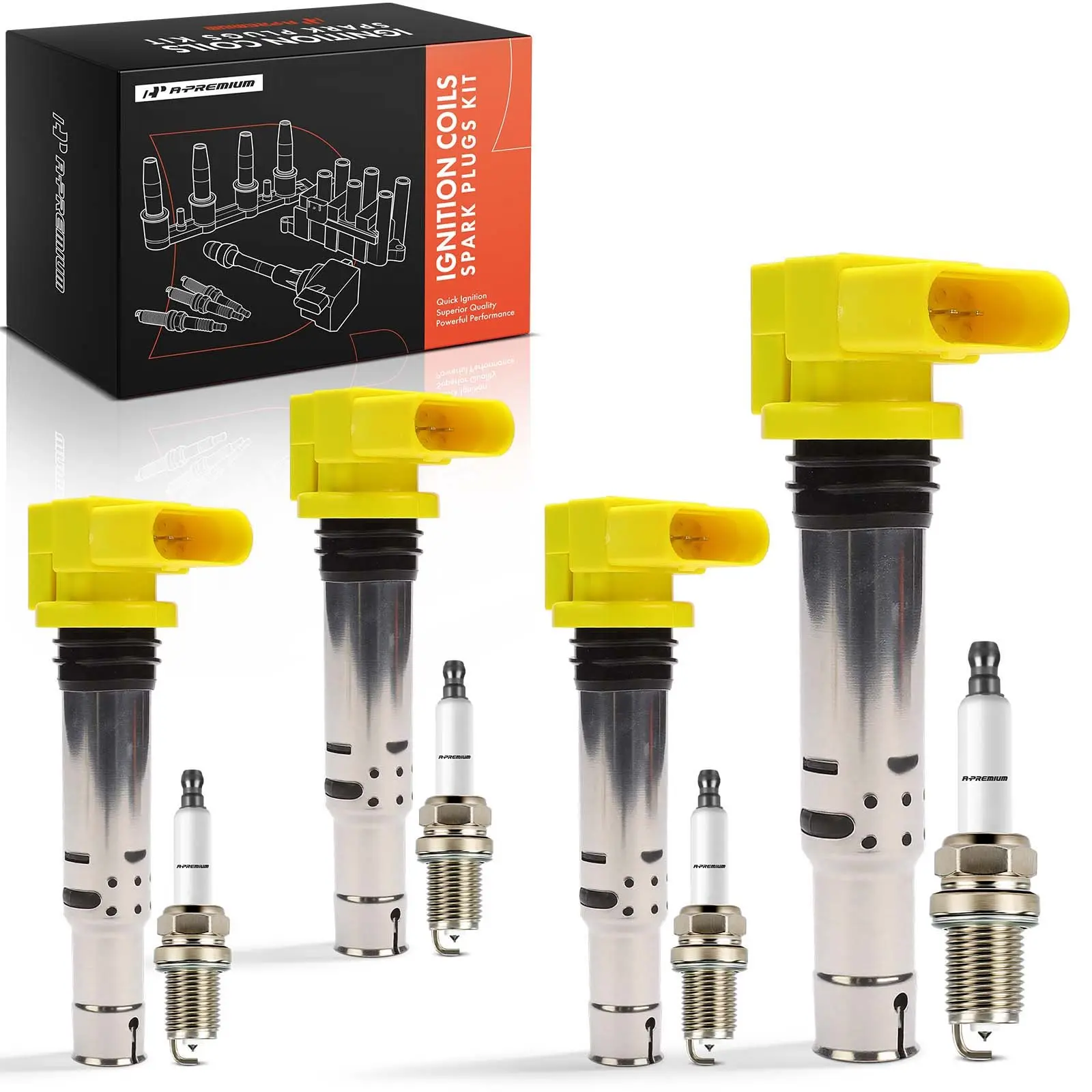 A-Premium 4x Yellow Ignition Coils & 4x Iridium Spark Plug Kit for Audi A3 VW Tiguan 1.4L
