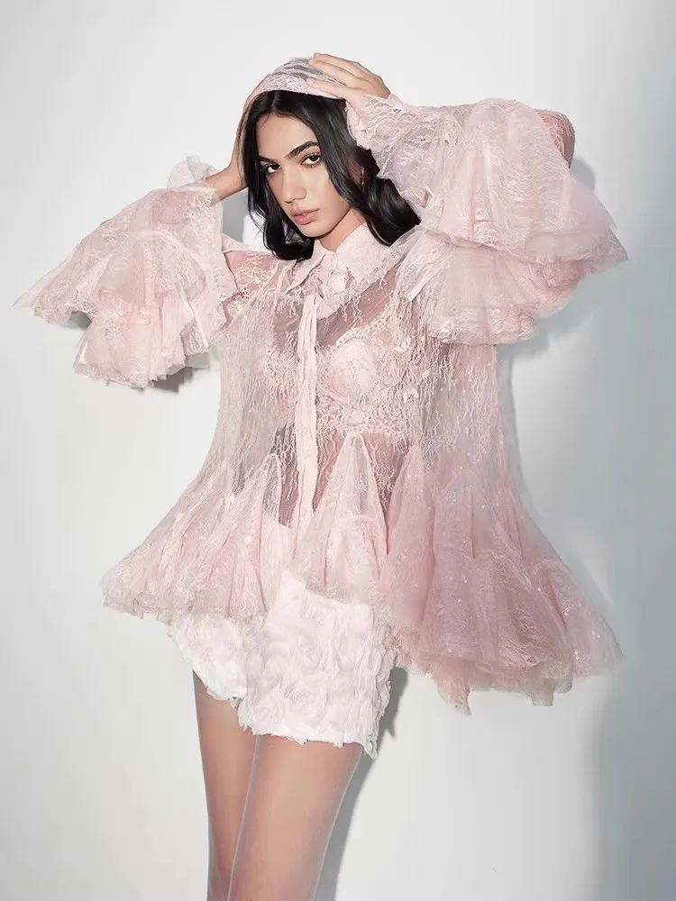 

Fashion Irregular Top Shorts Outfit Spring Women Flare Sleeve Perspective Top+High Waist Slim Casual Shorts Autumn Two Piece Set