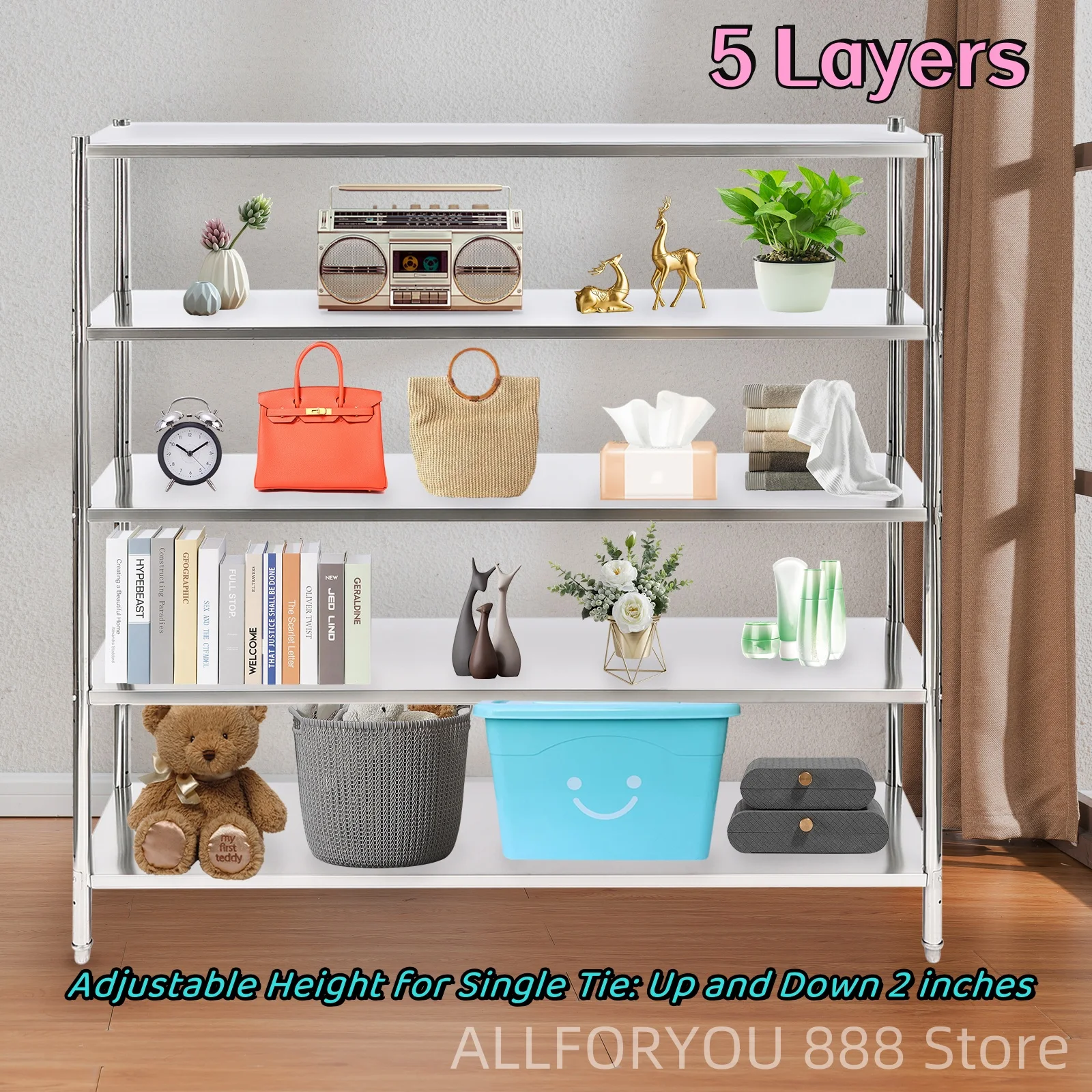 

Stainless Steel Shelving 5 Layers Strong Load-bearing Capacity 70*16.6*70.2in/59.1*17.7*70.9in