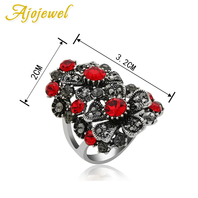 

Ajojewel Antique Silver-color Red Crystal Flower Ring Vintage Jewelry For Women Accessories Beauty Gifts