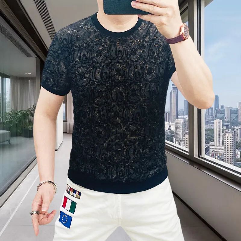 Fashion Summer 5D Flocked Burnt Flower Hollow T-shirt for Men Breathable Round Neck Short Sleeved Casual T-shirt Men Clothing