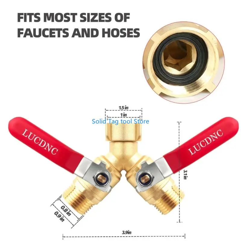 4XFD Two Control Composition Y Divider for Garden Hose Highlighting Large Handle and Close Washers for Simple Water Regulation