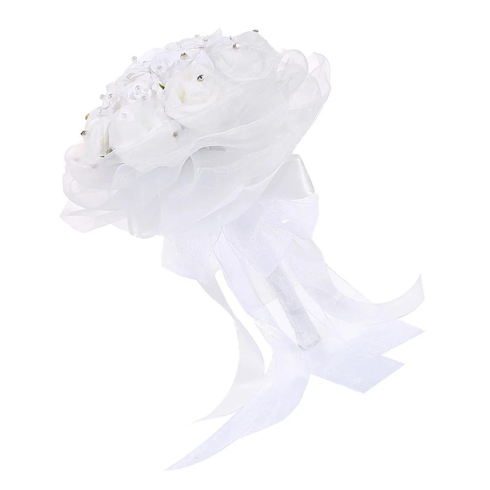 

Pearl Bridal H Bouquet Fake Flower Wedding Decorations Rhinestone Bridesmaids Petals Scene naments Photo Prop Lace Material