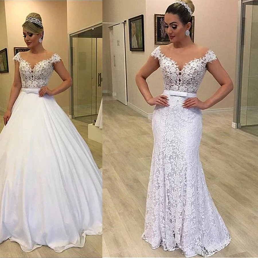 Lace Mermaid 2 in 1 Wedding Dresses with Detachable Train Skirt 2 Pieces White Cap Sleeve Bridal Gowns Vestidos de novia