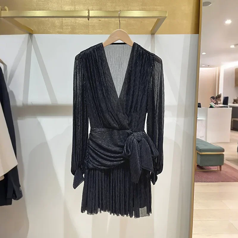 

Niche 2024 Autumn/Winter V-neck bright silk waist with bow elegant lantern sleeve dress short skirt y2k dress