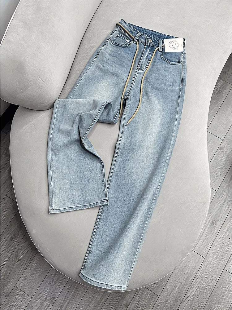 

Summer Vintage High Waist Wide Leg Pants Women's Light Blue Jeans Slimming Long Legging Drapey Trendy Cotton Polyester Blend