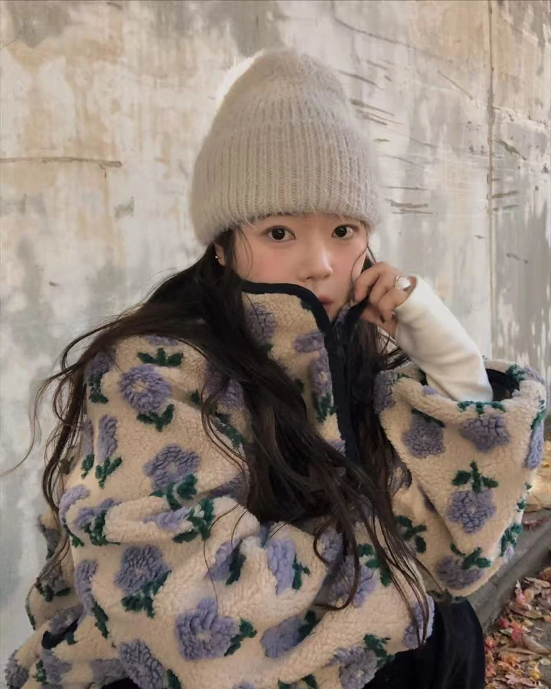 Herbst Winter Koreanische Chic Stil Floral Muster drucken Woolen Jacke frauen Casual Lose Lamm Pelz Koreanischen Stil Warme mantel weibliche