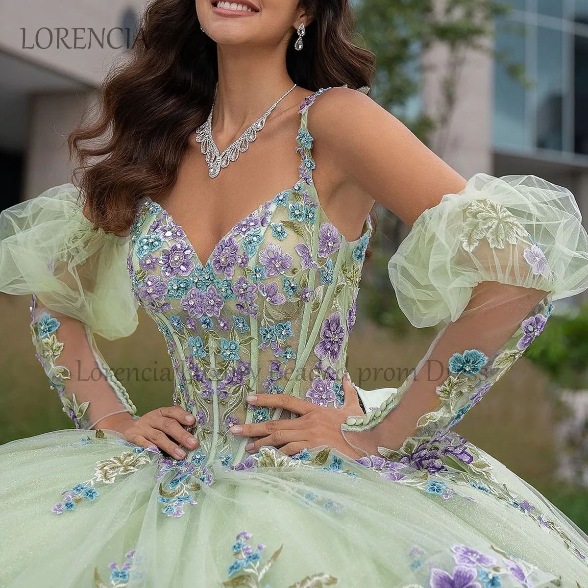 Vestidos de baile verdes sem mangas, vestido Quinceanera flores 3D, Applique México, 16 e 15 anos, 2024