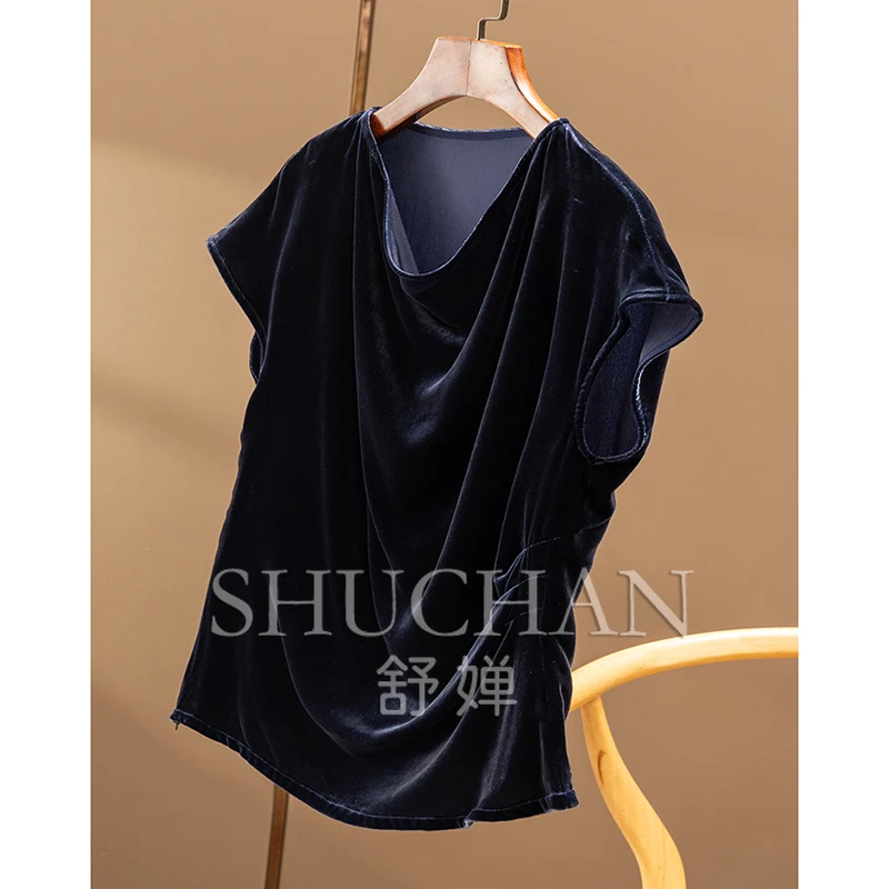 Intellectual Femininity,  Silk Velvet Elegant Swinging Neck Bag Rotator Sleeve Shirt 86A0 womens tops and blouses