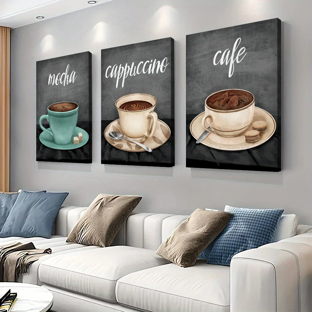 3 قطع، لوحة زخرفية قماشية حديثة وبسيطة تحت عنوان القهوة، لوحة فنية معلقة على شكل فنجان قهوة موكا، غرفة المعيشة وغرفة الطعام ك #1