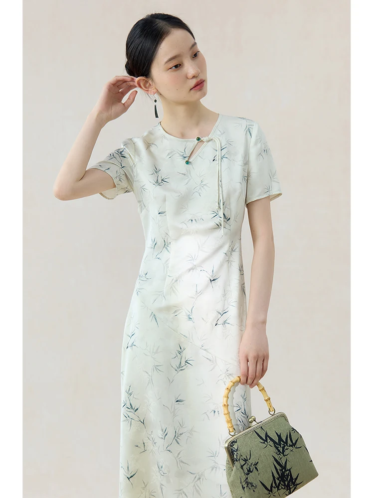 ZIQIAO New Chinese Style Bamboo Print Classic Dress For Female 2024 Summer New Design Slim Mid-Length Dress 24ZQ92137