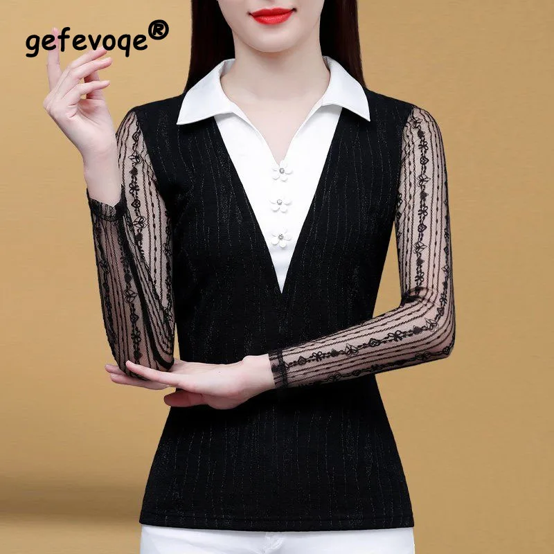 2023 Autumn and Winter Women's Fur and Thickened Bottom Shirt Women's Long Sleeve Fashion Polo Neck Light Luxury Lace Top