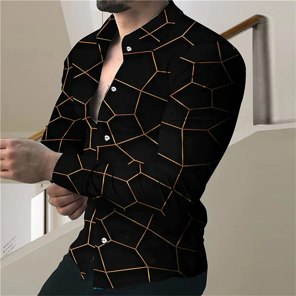 

New Men's High Quality Luxury Prom Fashion Social 3D Line Graph Print Polo Button Fashion Designer Long Sleeve Men's Shirt 2024