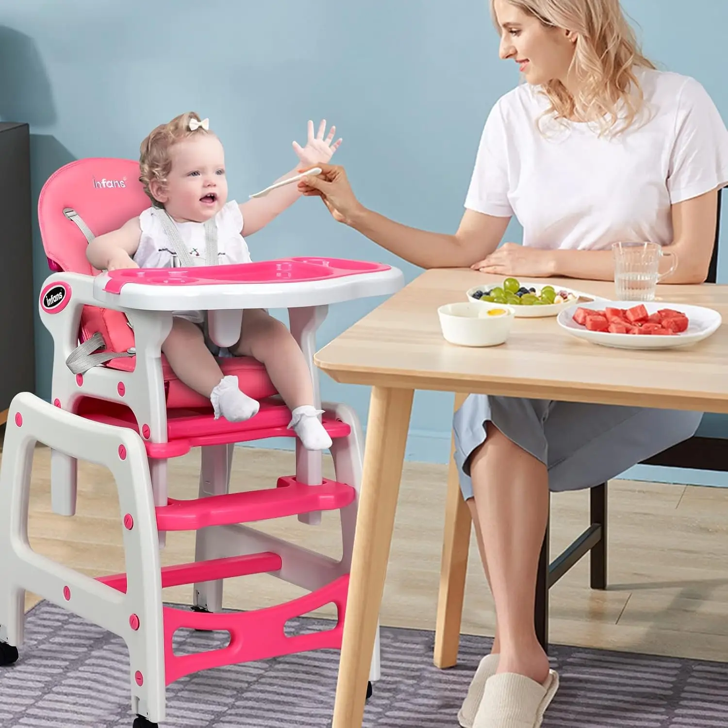 Baby High Chair, Convertible Toddler Table Chair Set, Rocking Chair, Multi-Function Seat with Lockable Universal Wheels