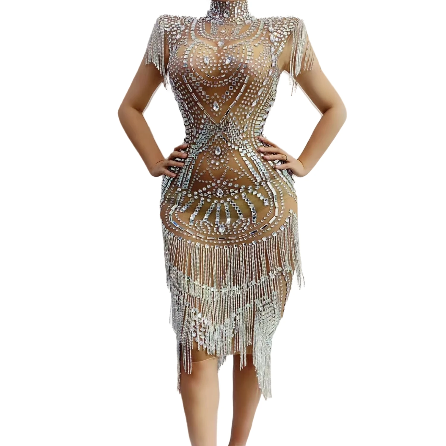 

Luxury Silver Sparkly Crystal Tassel Sheer Mesh Bodycon Gown Sexy Women Birthday Party Elegant Formal Prom Evening Dress Luogu