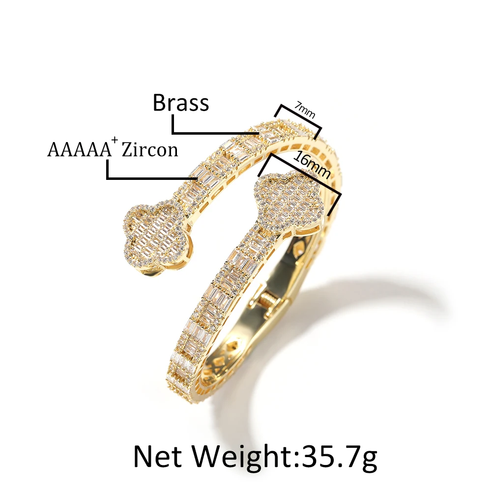 THE BLING KING Four Leaf Clover Cuff Bangle Micro Paved Cubic Zirconia Luxury Wrist Rapper Hiphop Jewelry Punk Bangle