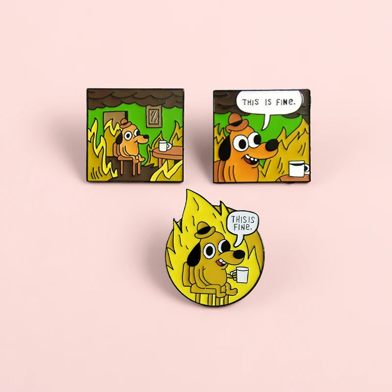 GDHY This Is Fine Enamel Pin Meme Gunshow Cartoon Question Hound Dog Webcomic on Fire Animal Jewelry badges Brooches Pins