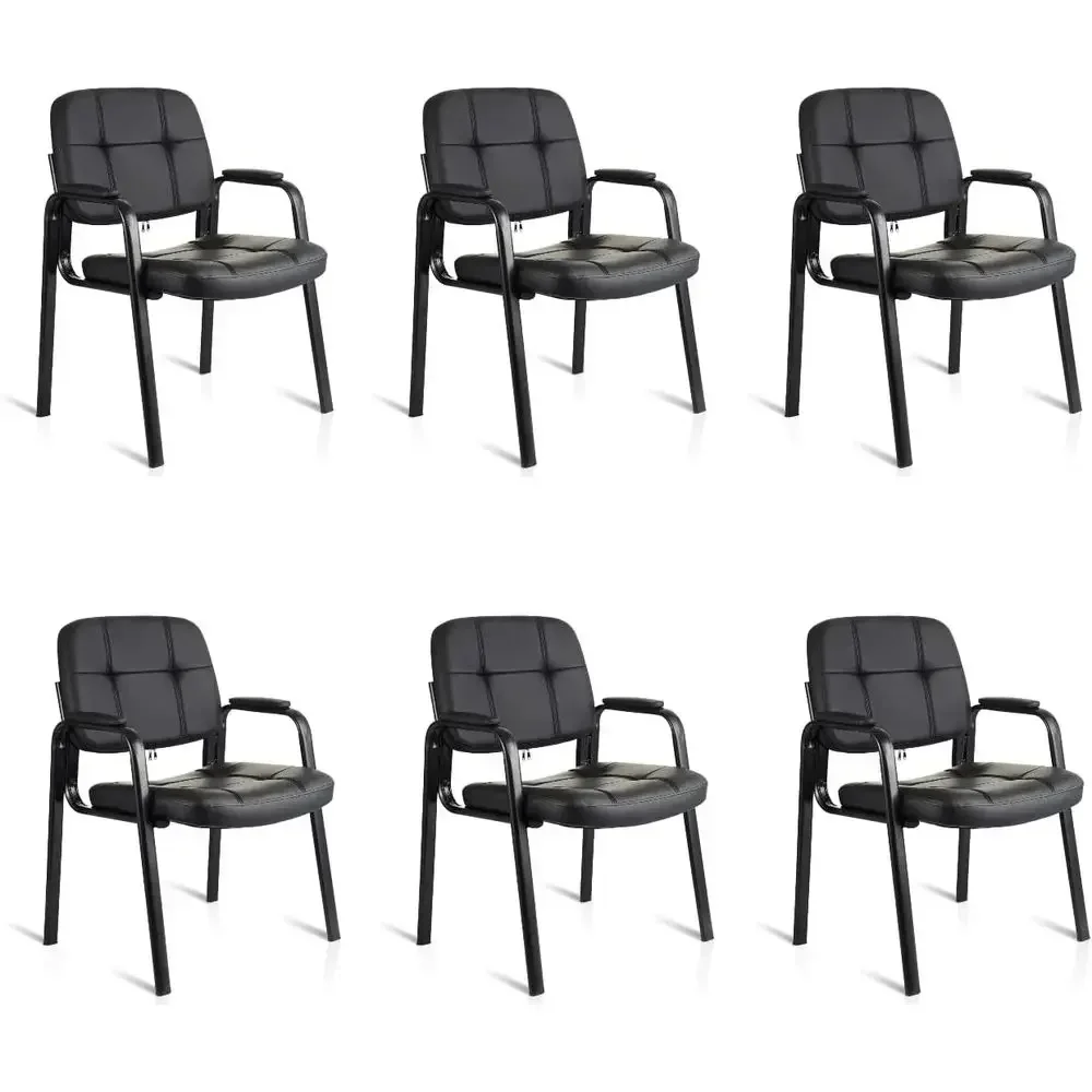 Black 6-Piece Office Furniture Set: Leatherette Waiting Room Chairs with Padded Armrests and Conference Desk
