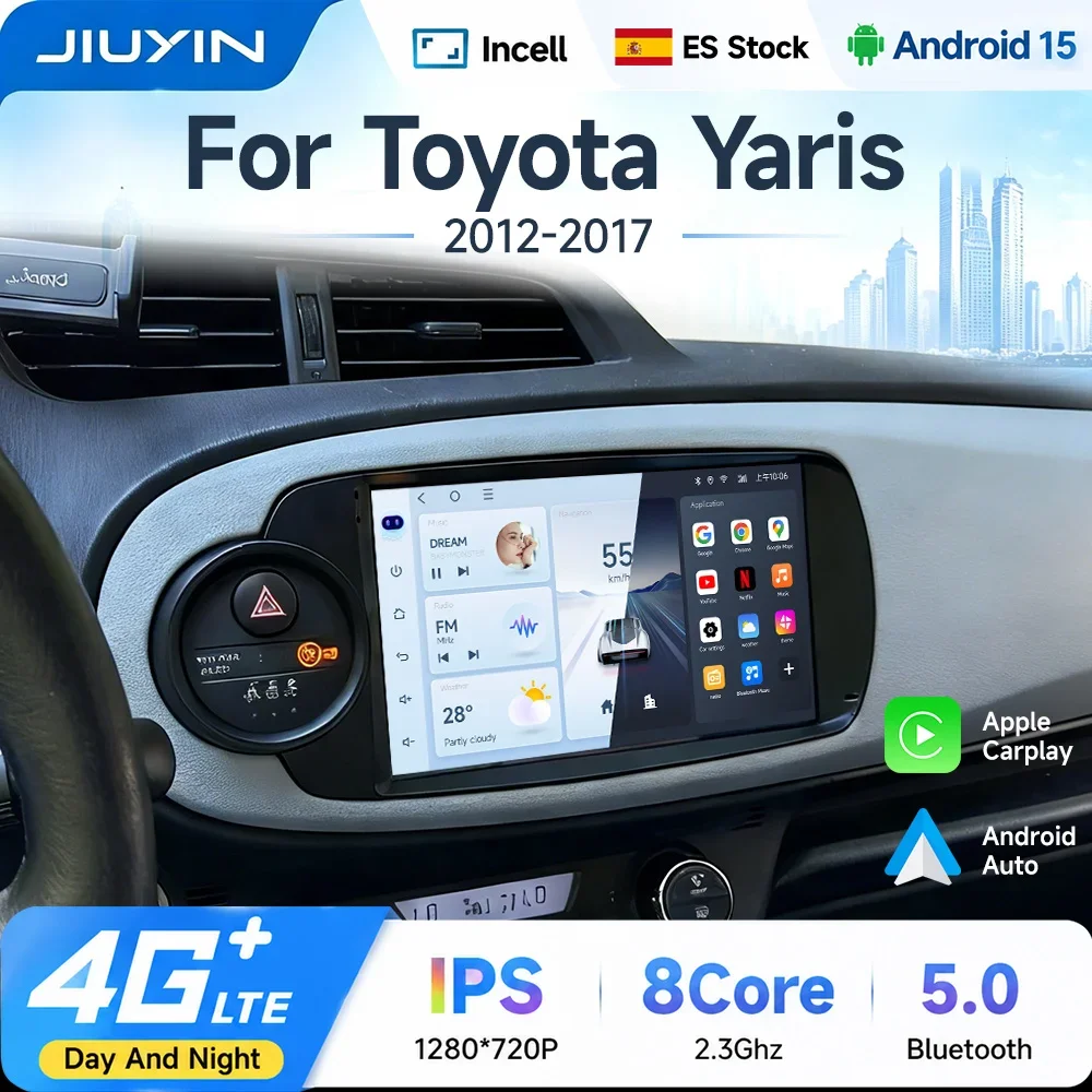 JIUYIN 9" Android Autoradio für Toyota Yaris 2012-2017, kabelloses CarPlay, Auto-Video, GPS-Navigation, Multimedia-Player, Stereo-Touchscreen