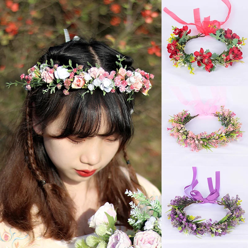 Bohemian Rose Crowns Wreath Beach Hawaii Floral Garland Romantic Artificial Flower Wedding Wreaths Headband