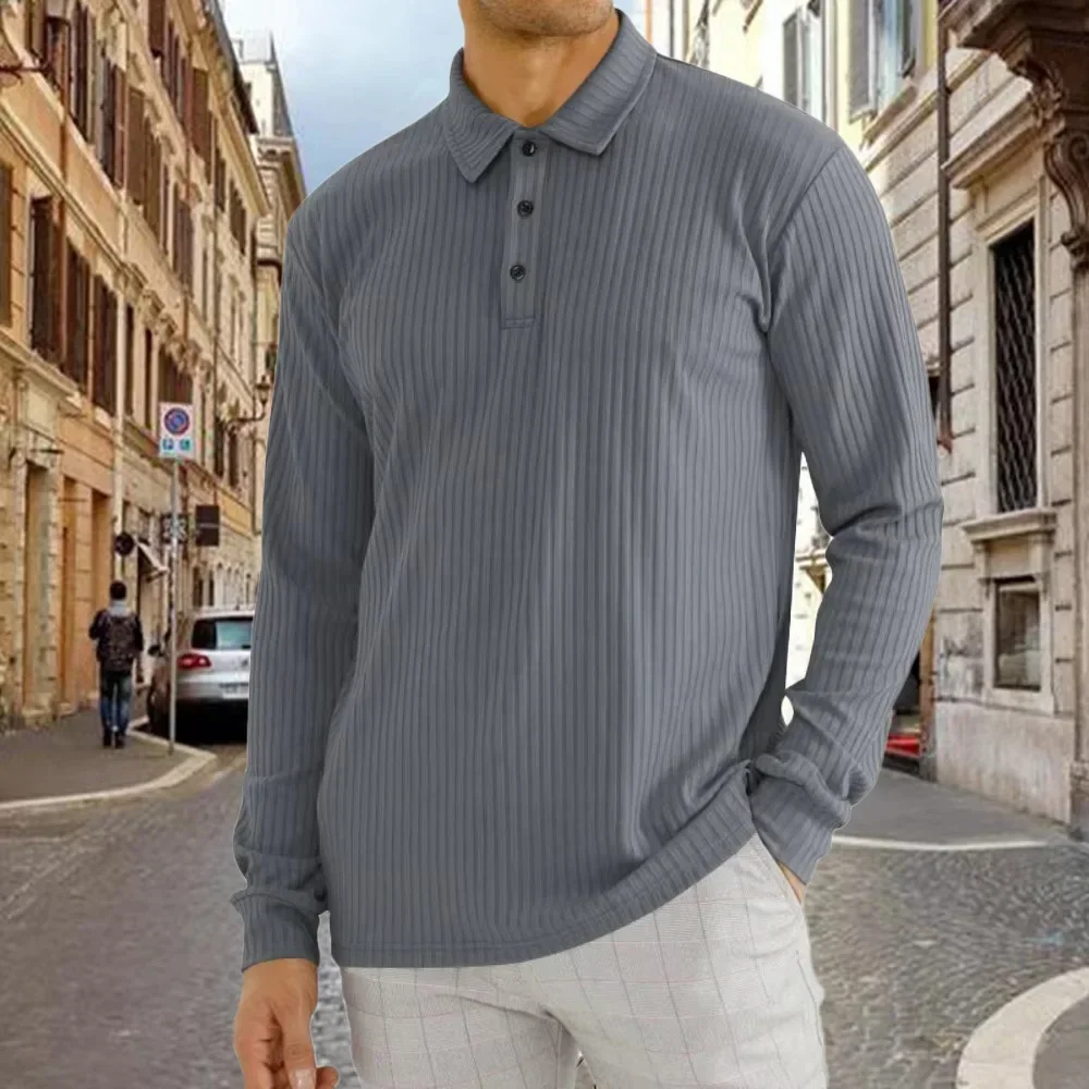 

Мужская классическая футболка в полоску с длинным рукавом, уличная одежда, рубашки поло с лацканами, топы, эластичные повседневные мужские осенние новые толстовки