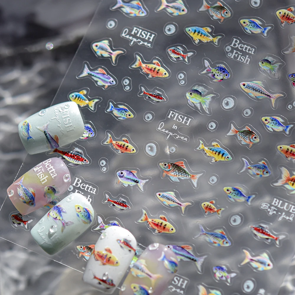 5D Tiefseefisch Nail Art Aufkleber Schimmernde Blase Bunte Meeresleben Nagelaufkleber Sommer Ozean Selbstklebender Maniküre-Aufkleber
