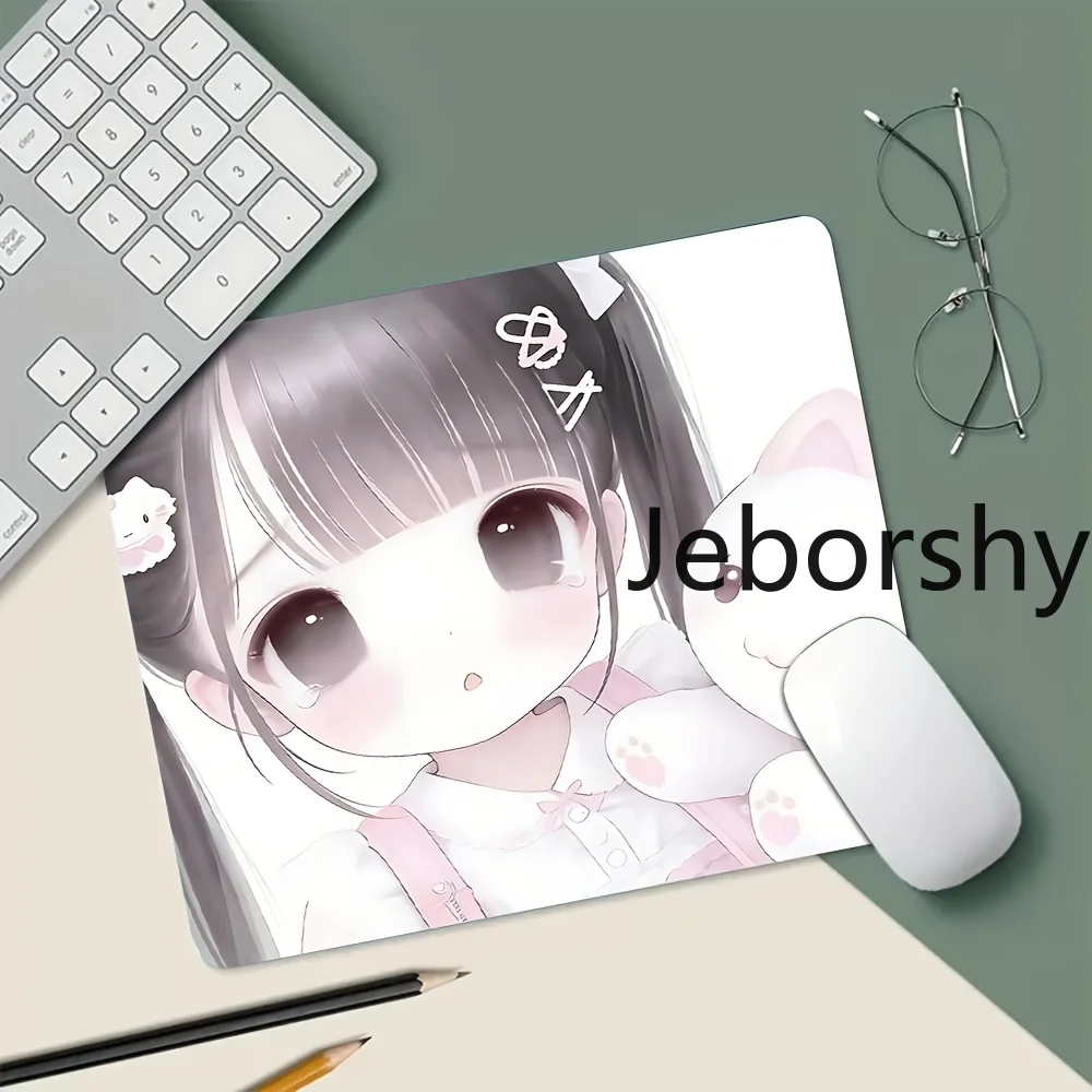 Cute Anime Girl with White Bunny Plush Gaming Mouse Pad Non-slip Desk Mat Perfect Gift for Fans