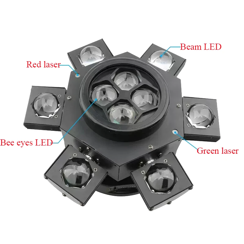 BOTAI DJ Lights 6 Arm Bee Eyes LED Beam Moving Head Light with R G Laser Effects DMX Stage Lighting for Disco Music Dance Party