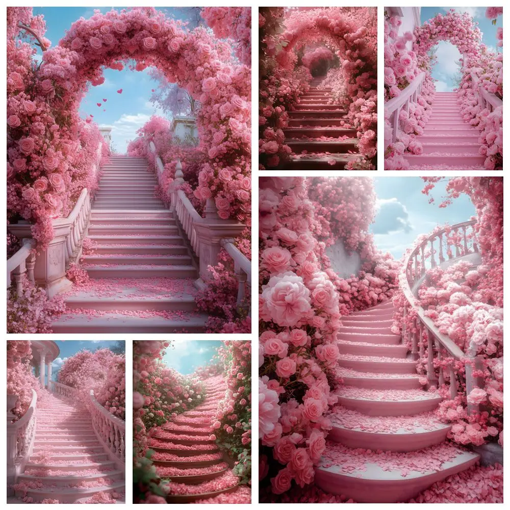 

Wedding Photography Backdrop Flowers Stairs Bridal Shower Bride Art Portrait Valentine's Day Party Decor Photocall Background