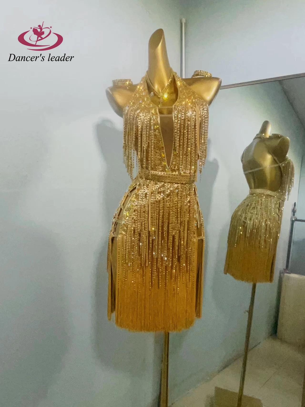 Lateinischer Tanzwettbewerb Damen High-End Custom Golden Diamond Strip Quaste Abendkleid Samba Performance Strasskleid