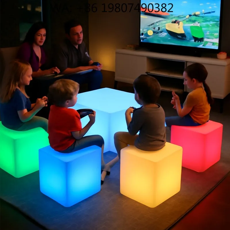 Waterproof Rechargeable LED Cube Patio Furniture Luminous Square Table Chair Set for Outdoor Garden Backyard Pool Wedding Party