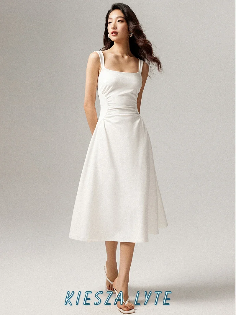 fashion summer White Strap dresses 2024 Pleated Design High Waist Sleeveless Midi Dress for Women's Korean high quality clothing